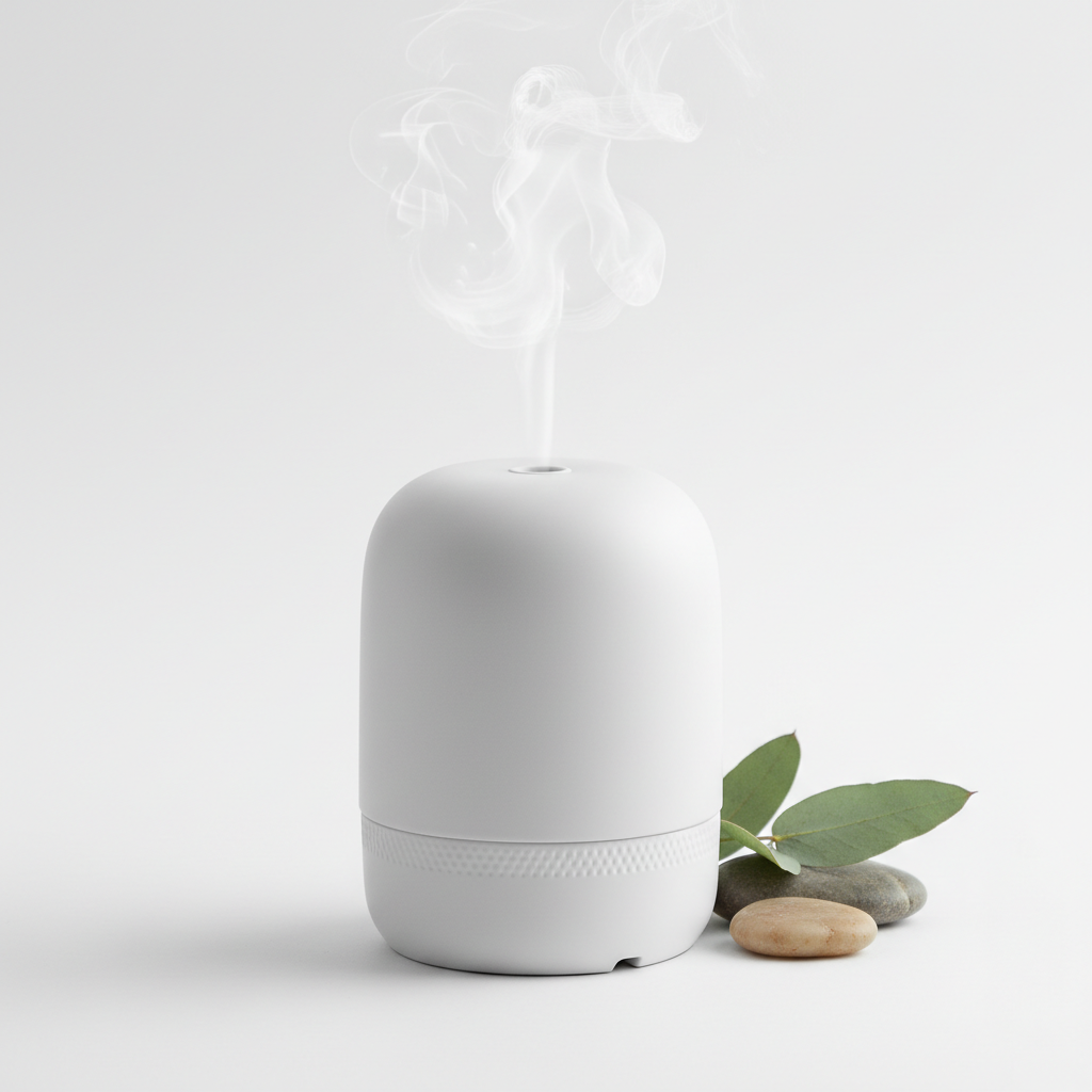 Difusor de aroma minimalista em cerâmica branca com vapor suave