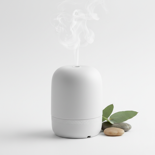 Difusor de aroma minimalista em cerâmica branca com vapor suave